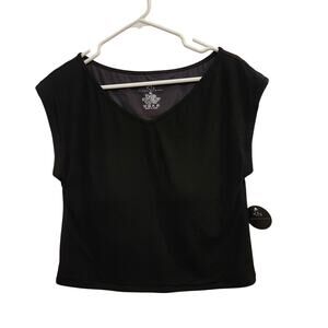 Klassy Network Black Cap Sleeve V-Neck Cropped Basic Braless T-Shirt Size XL